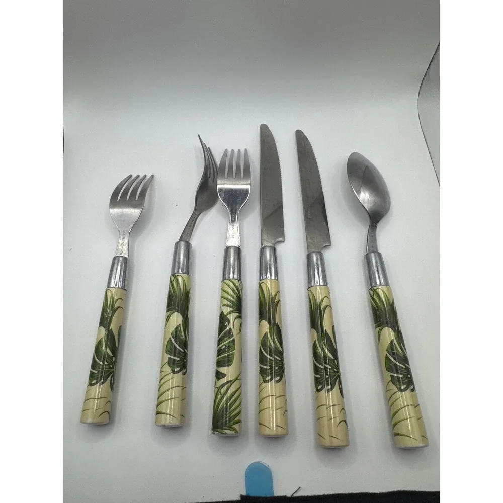 Cambridge Stainless Flatware Set 6pc Tropical Monstera Leaf Pattern Green Cream